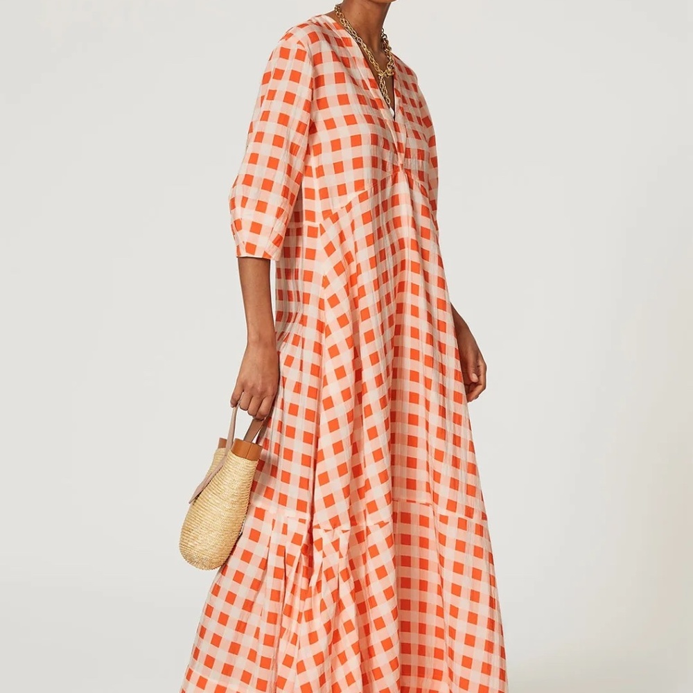 COPY - Victoria Beckham Rent the Runway Orange Bell sleeve Gingham Maxi Sz 4 $5…